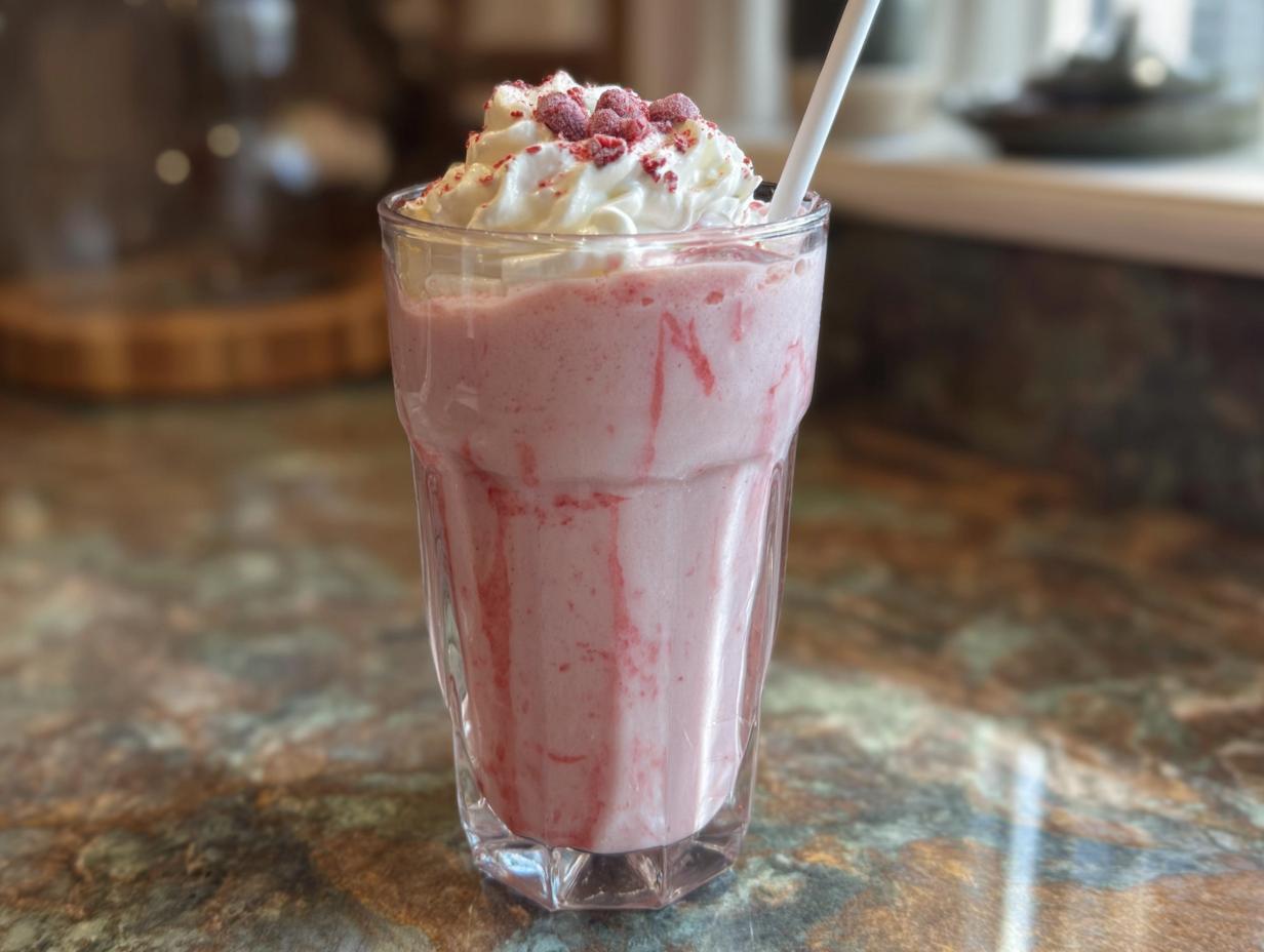 A pink strawberry milkshake with whipped cream and dried berries, a perfect Starbucks drink recipe alternative.