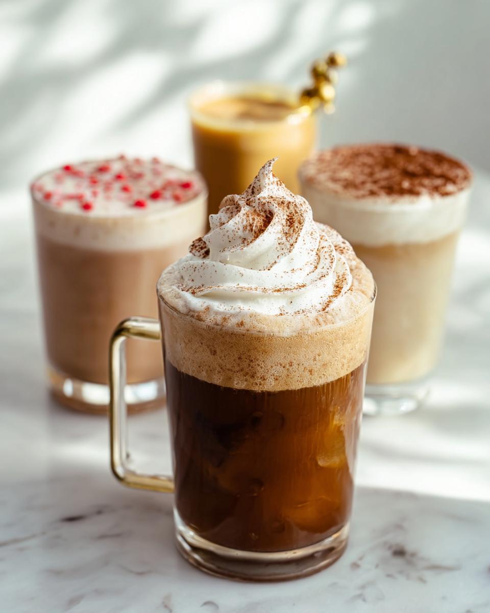 A selection of delicious Starbucks drinks recipes, including iced coffee with whipped cream, a peppermint mocha, and a caramel latte.