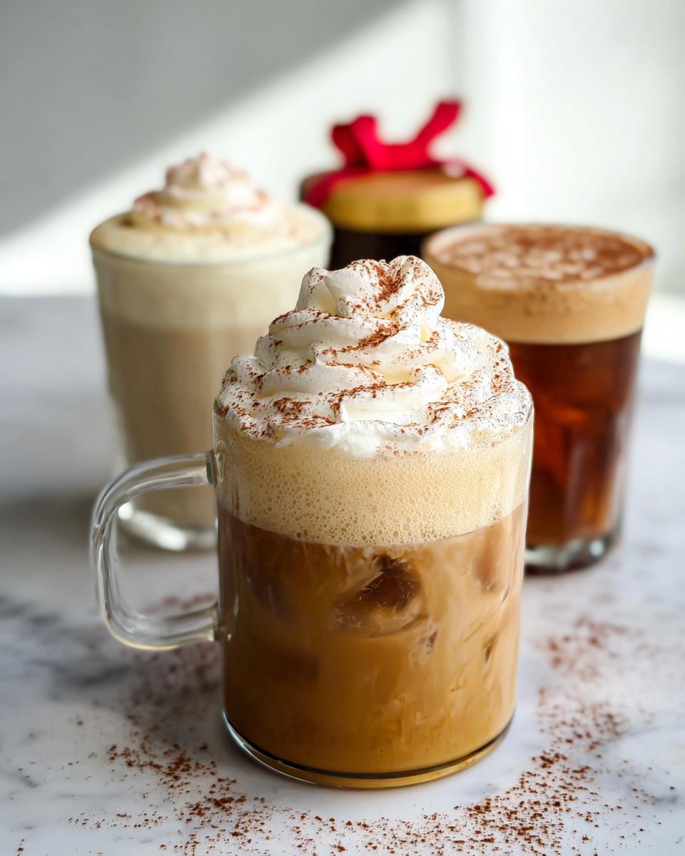 Close-up of an iced coffee topped with whipped cream and dusted with cocoa powder, part of a Starbucks Drinks Recipes collection.