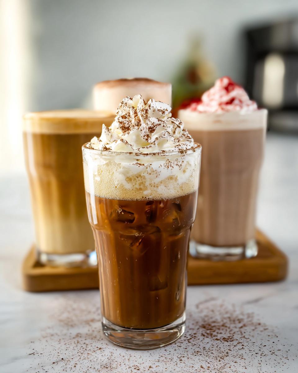 A close-up of an iced coffee with whipped cream and chocolate powder, part of a Starbucks Drinks Recipes collection.