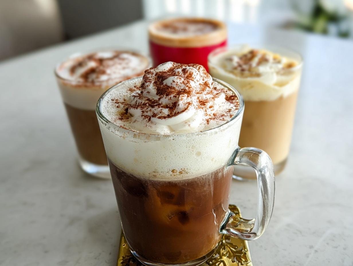 Close-up of an iced coffee with whipped cream and cocoa powder, part of a collection of Starbucks drinks recipes.