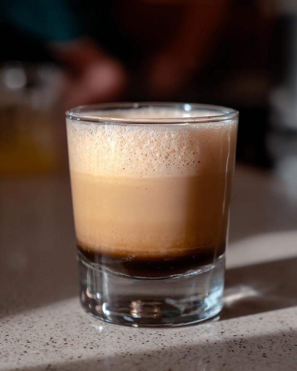 A layered Starbucks espresso shot with dark espresso at the bottom and creamy foam on top, perfect for busy weeknights.