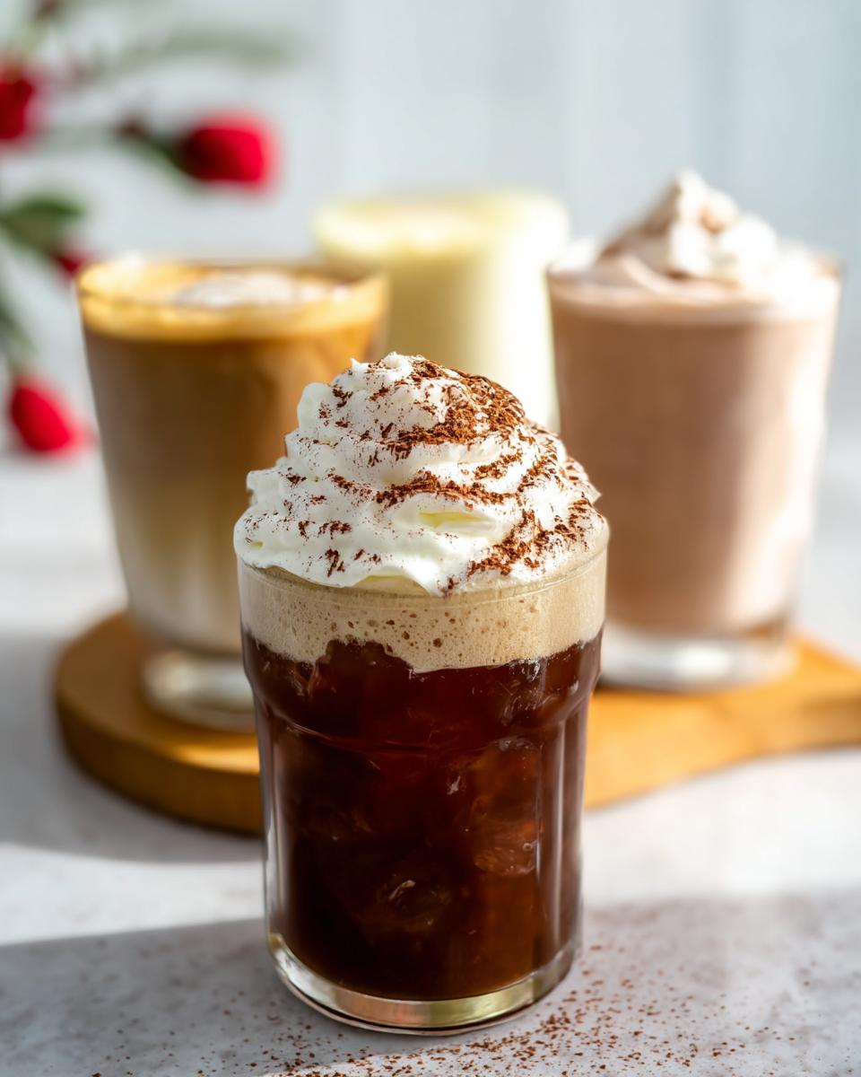 A refreshing Starbucks iced coffee topped with whipped cream and cocoa powder, with other drinks in the background.
