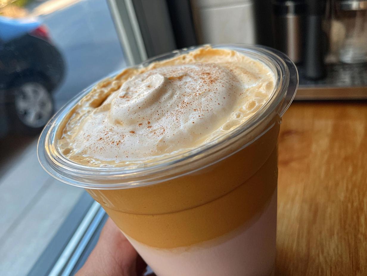 Close-up of a homemade Starbucks Pumpkin Spice Latte with whipped cream and cinnamon, made using our recipe.