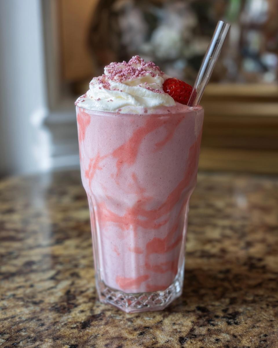 A homemade Starbucks strawberry frappuccino with whipped cream, strawberry drizzle, and a fresh strawberry on top.
