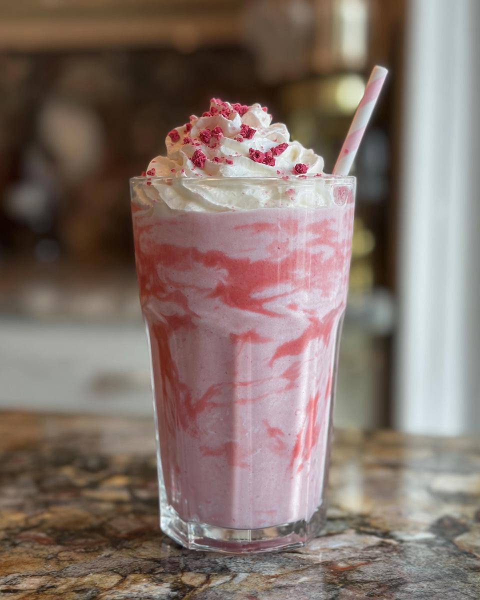 A tall glass filled with a pink strawberry frappuccino, topped with whipped cream and freeze-dried strawberries. A pink and white striped straw is inserted.
