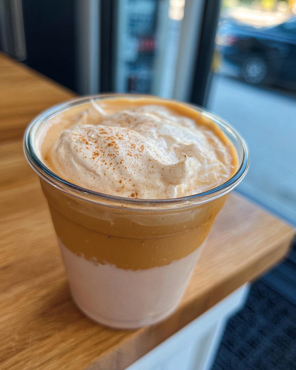 A layered Starbucks drink with whipped cream and cinnamon, perfect for restaurant-style Starbucks drinks recipes at home.