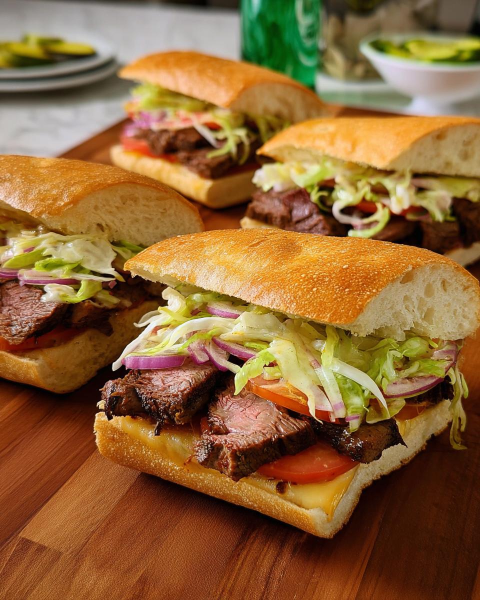Four delicious steak sandwiches with lettuce, tomato, onion, and cheese on a wooden board. A 7-Ingredient Sandwich Ideas Recipes.