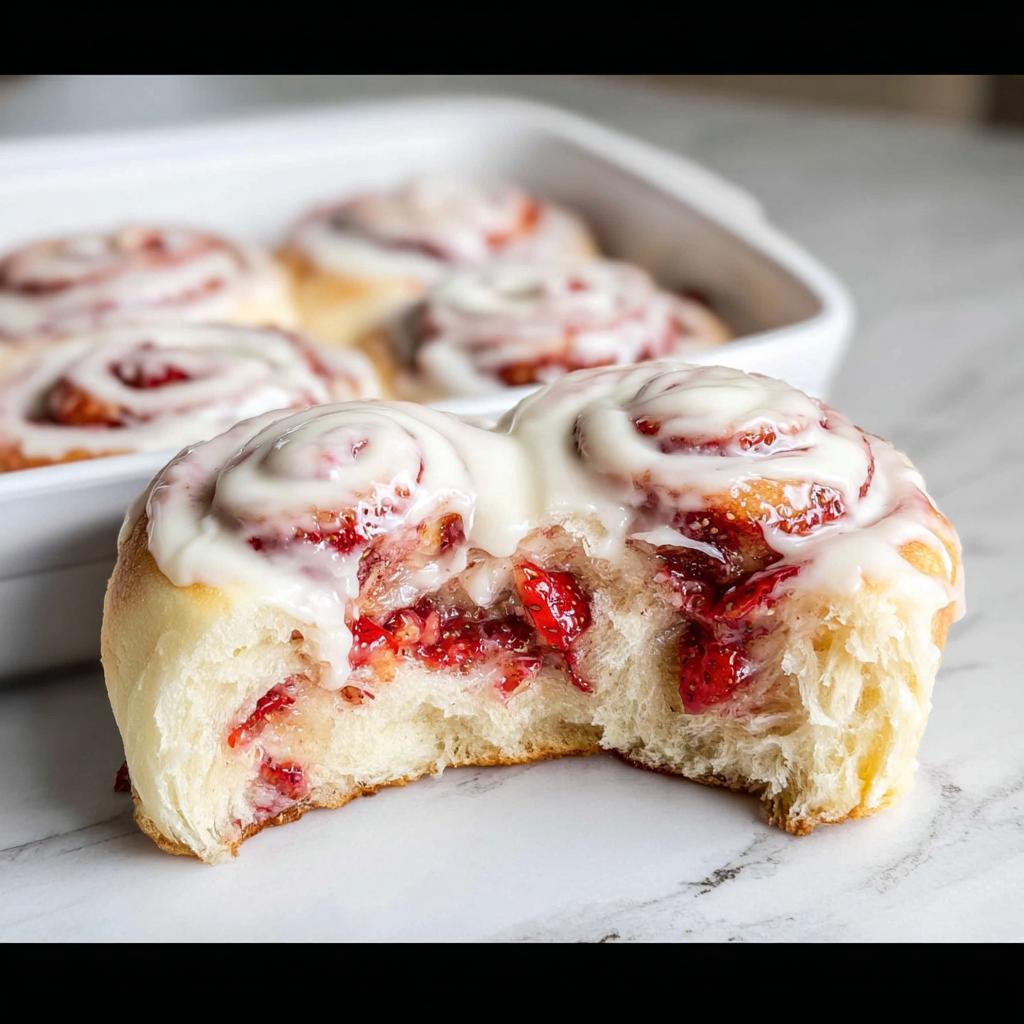 Close-up of a bite taken out of a fluffy strawberry breakfast roll, drizzled with icing.
