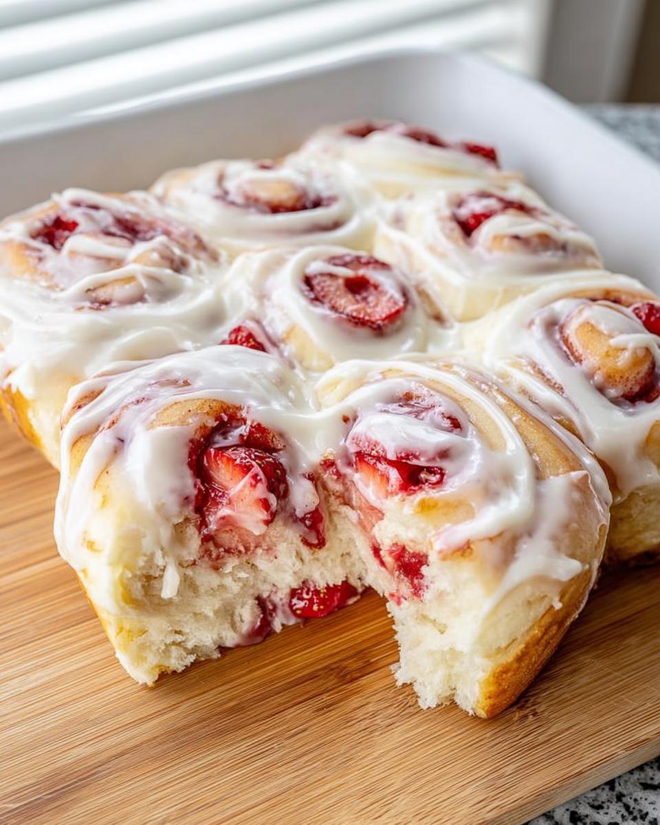 Close-up of delicious strawberry breakfast rolls with cream cheese frosting, part of the only breakfast ideas recipes you'll need.