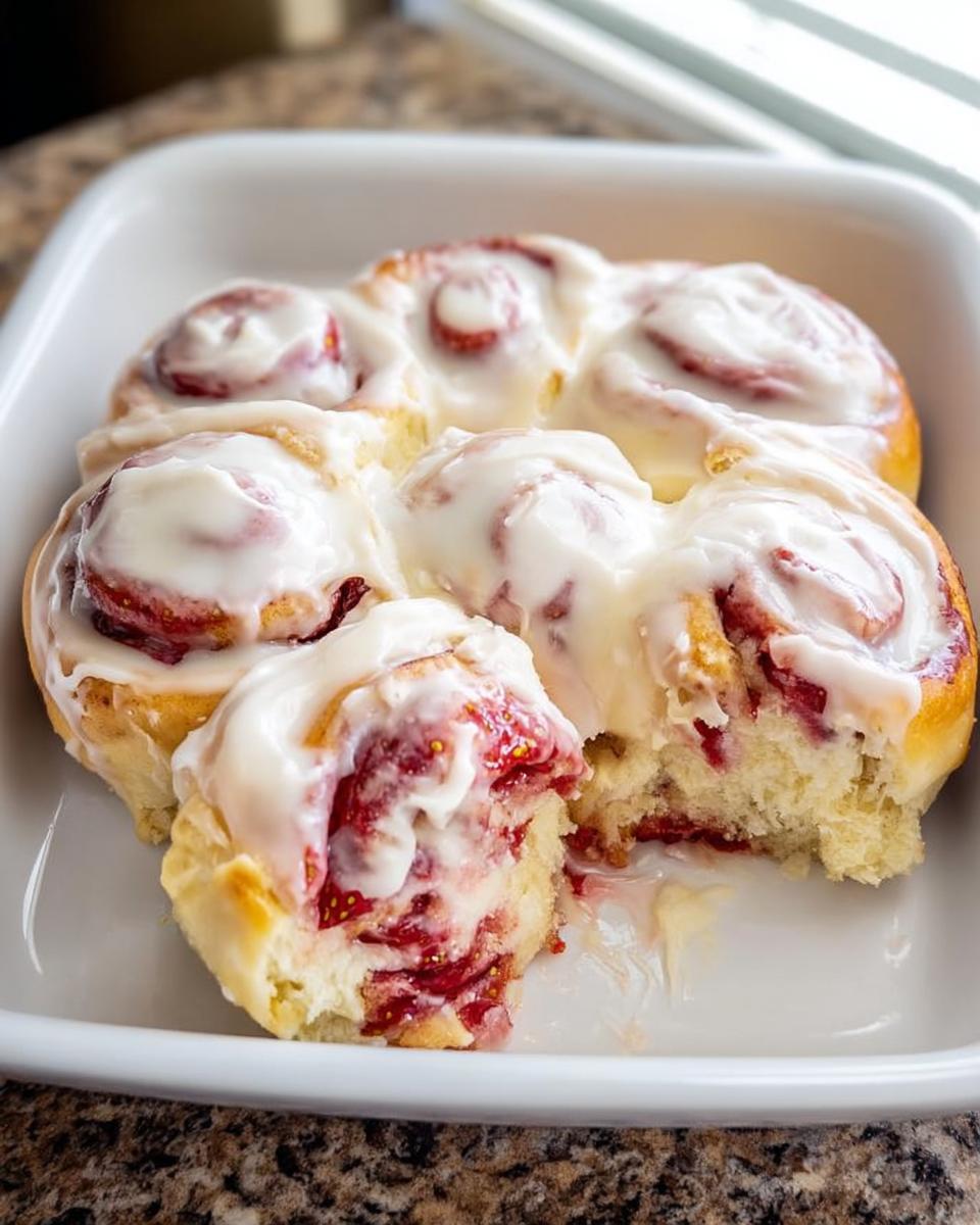 Close-up of sweet strawberry breakfast rolls drizzled with icing in a white baking dish.