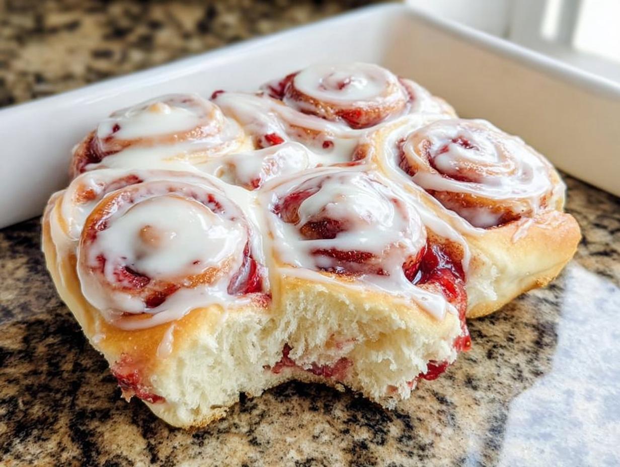 Close-up of delicious strawberry breakfast rolls drizzled with white icing, one roll has a bite taken out.