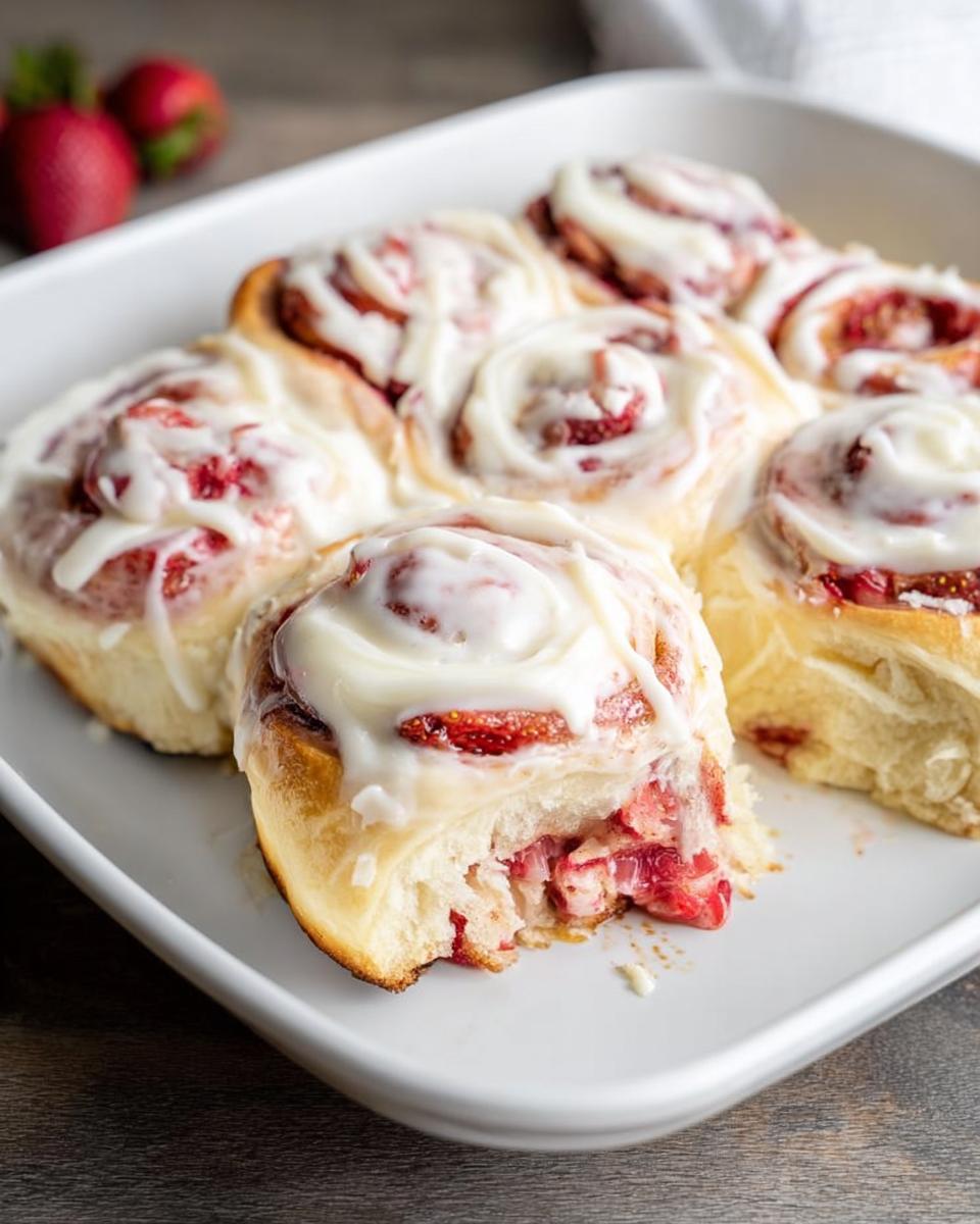 Close-up of delicious strawberry sweet rolls drizzled with icing, part of breakfast ideas recipes.