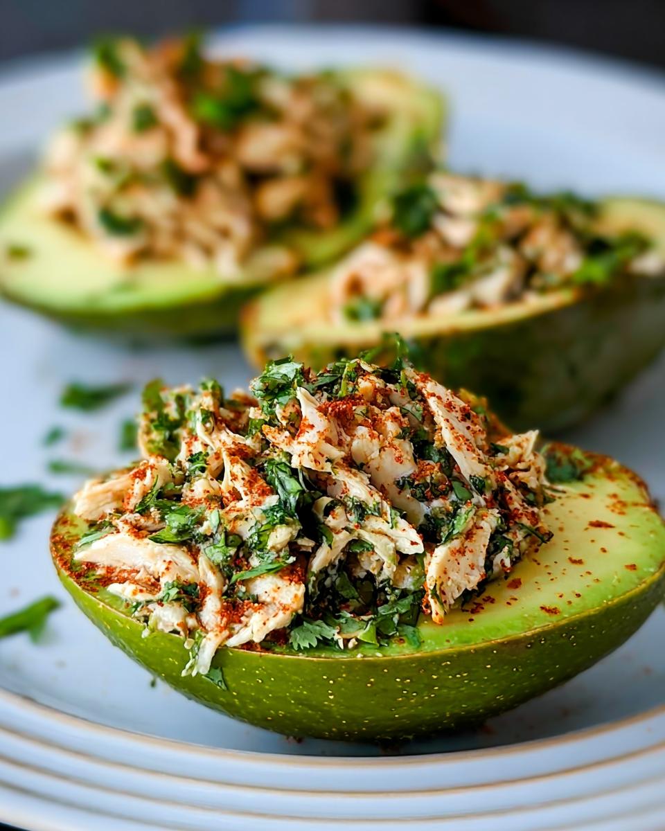 Close-up of avocado halves stuffed with shredded chicken salad and herbs, a quick sandwich idea.