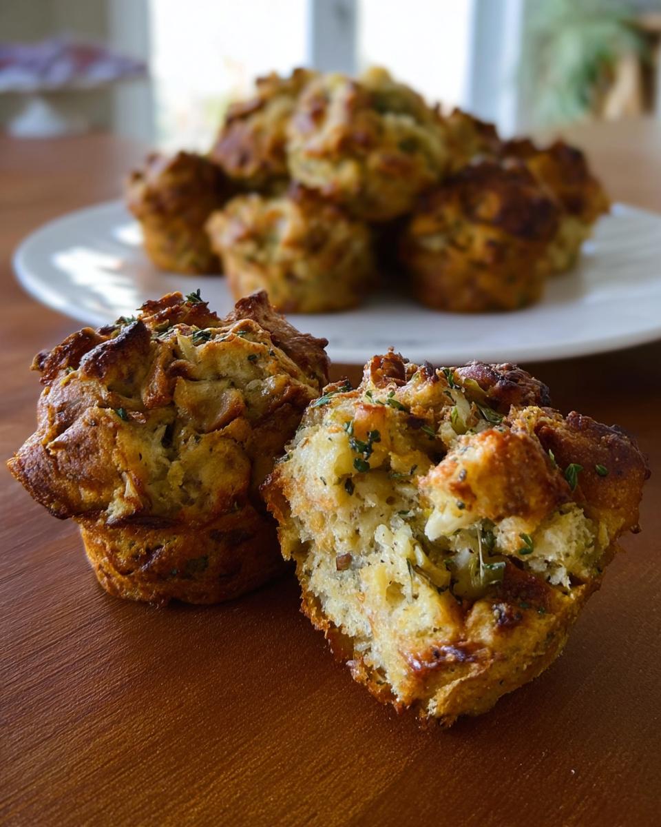 Close-up of two golden-brown stuffing muffins, one broken open to reveal the fluffy interior with herbs.