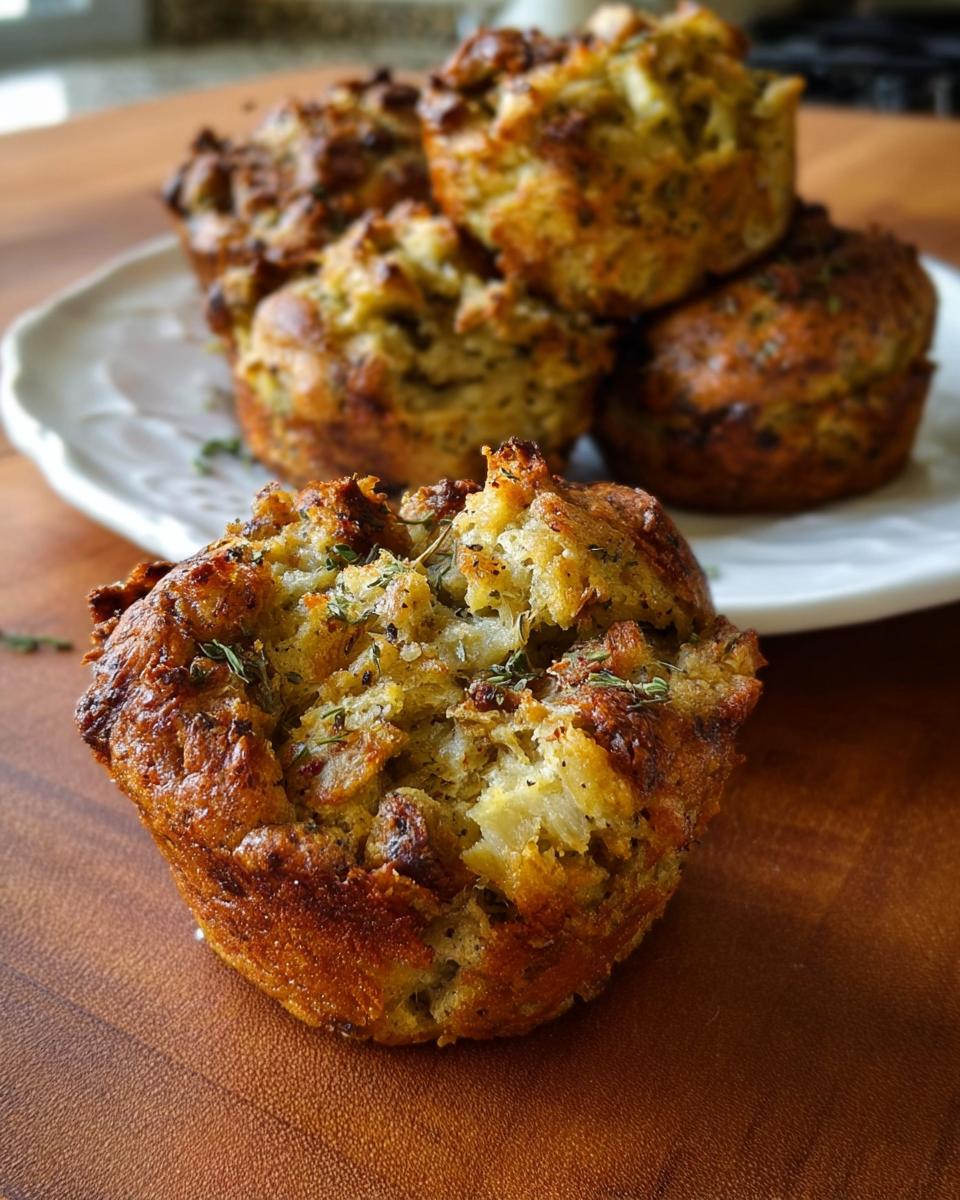 Close-up of a golden-brown stuffing muffin, part of a stack on a plate, showcasing herbs and texture.