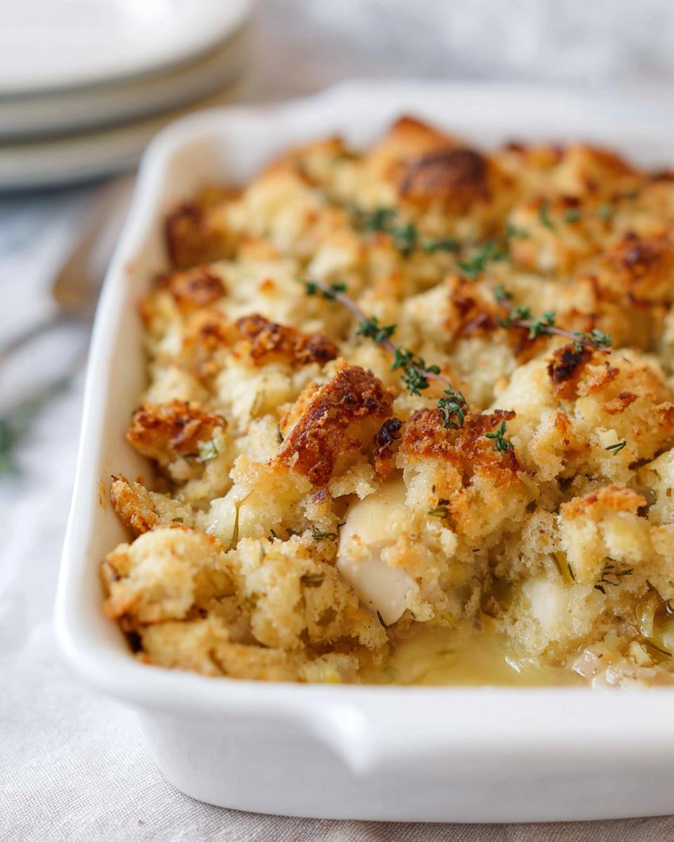 Close-up of a golden-brown stuffing recipe baked in a white casserole dish, garnished with fresh thyme.