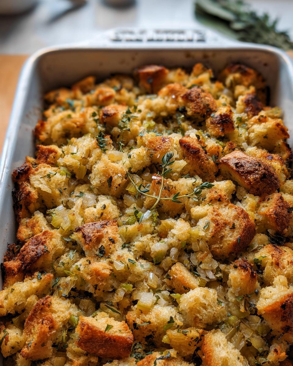 Close-up of a golden brown stuffing recipe in a white baking dish, garnished with fresh herbs.