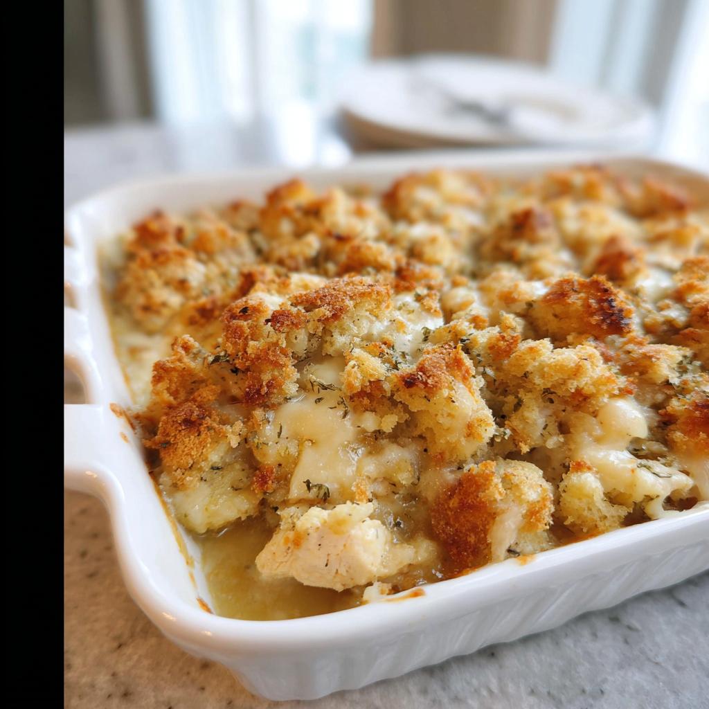 Close-up of a baked casserole dish filled with a creamy chicken and stuffing recipe, topped with golden breadcrumbs.