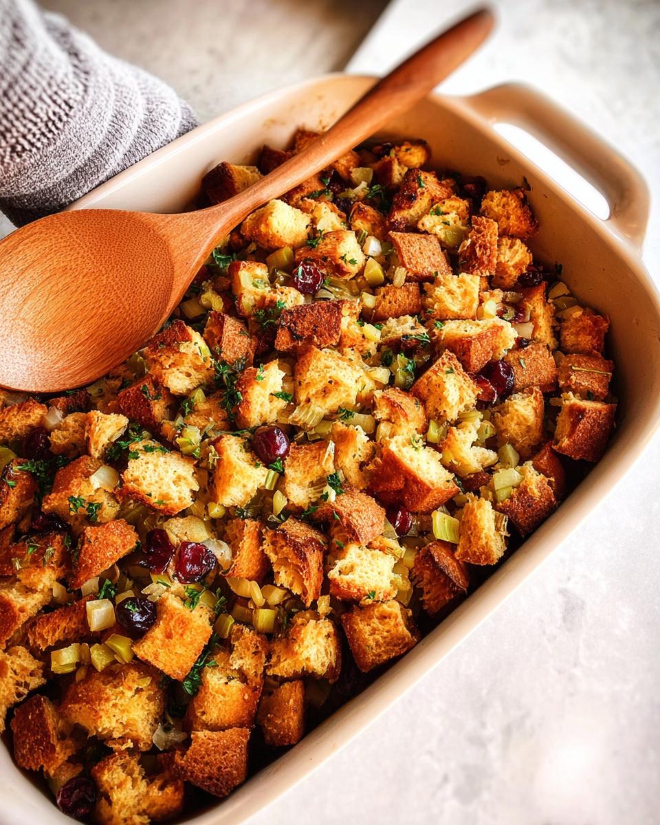 A close-up view of a baking dish filled with golden-brown bread cubes, celery, cranberries, and herbs, ready for a delicious stuffing recipe.