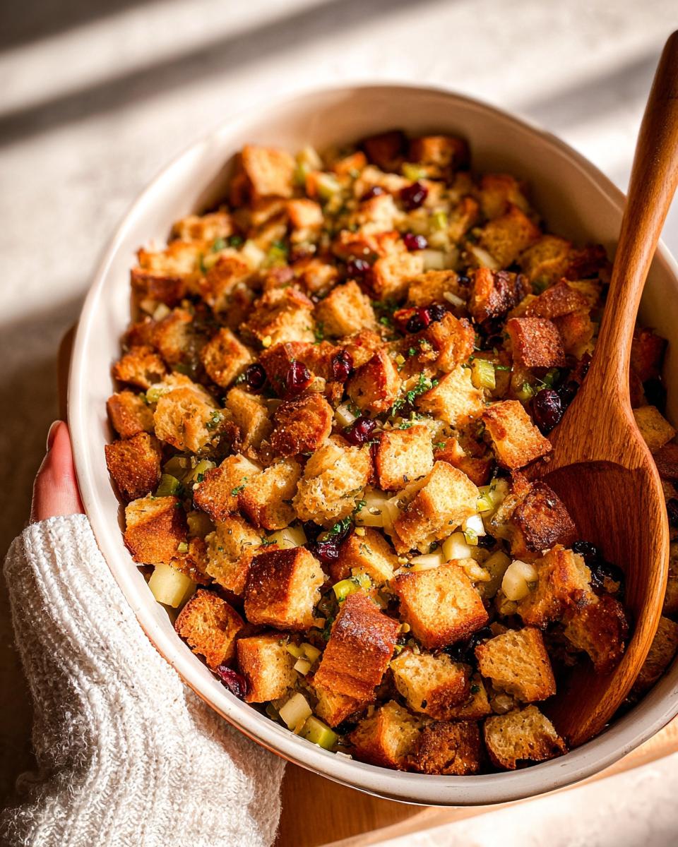Close-up of a golden-brown stuffing recipe in a baking dish, with cranberries and herbs visible.