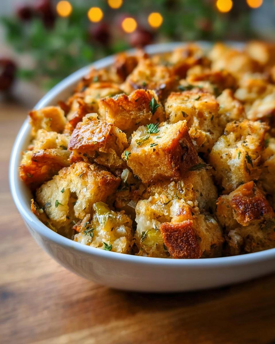 Close-up of a white bowl filled with golden brown, herb-flecked stuffing, showcasing cubed bread and visible vegetables.