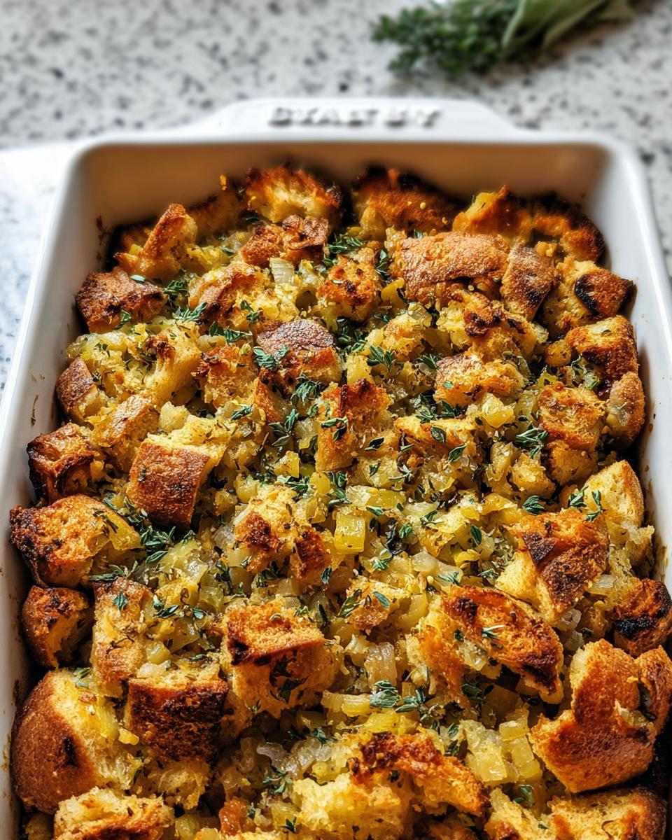 Close-up of a freshly baked stuffing recipe meal prep in a white baking dish, garnished with fresh thyme.