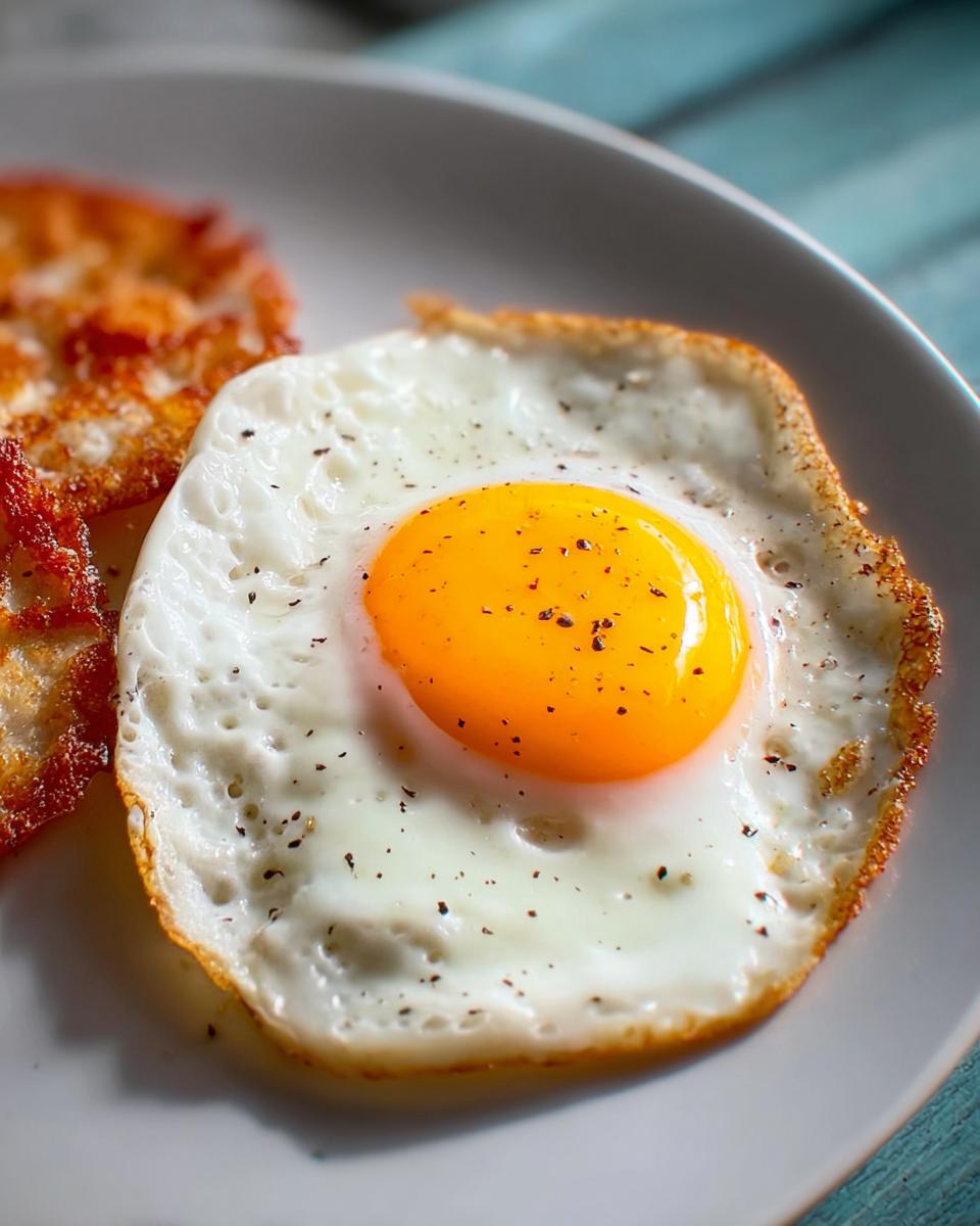 A perfectly cooked sunny-side up egg with a bright yellow yolk, seasoned with pepper, next to a hash brown.