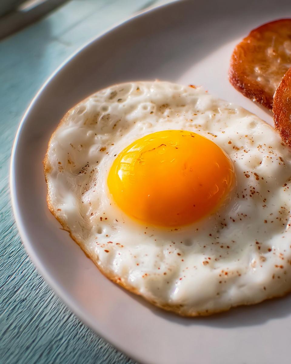 A perfectly cooked sunny-side up egg with a bright yellow yolk, seasoned with pepper, on a white plate.