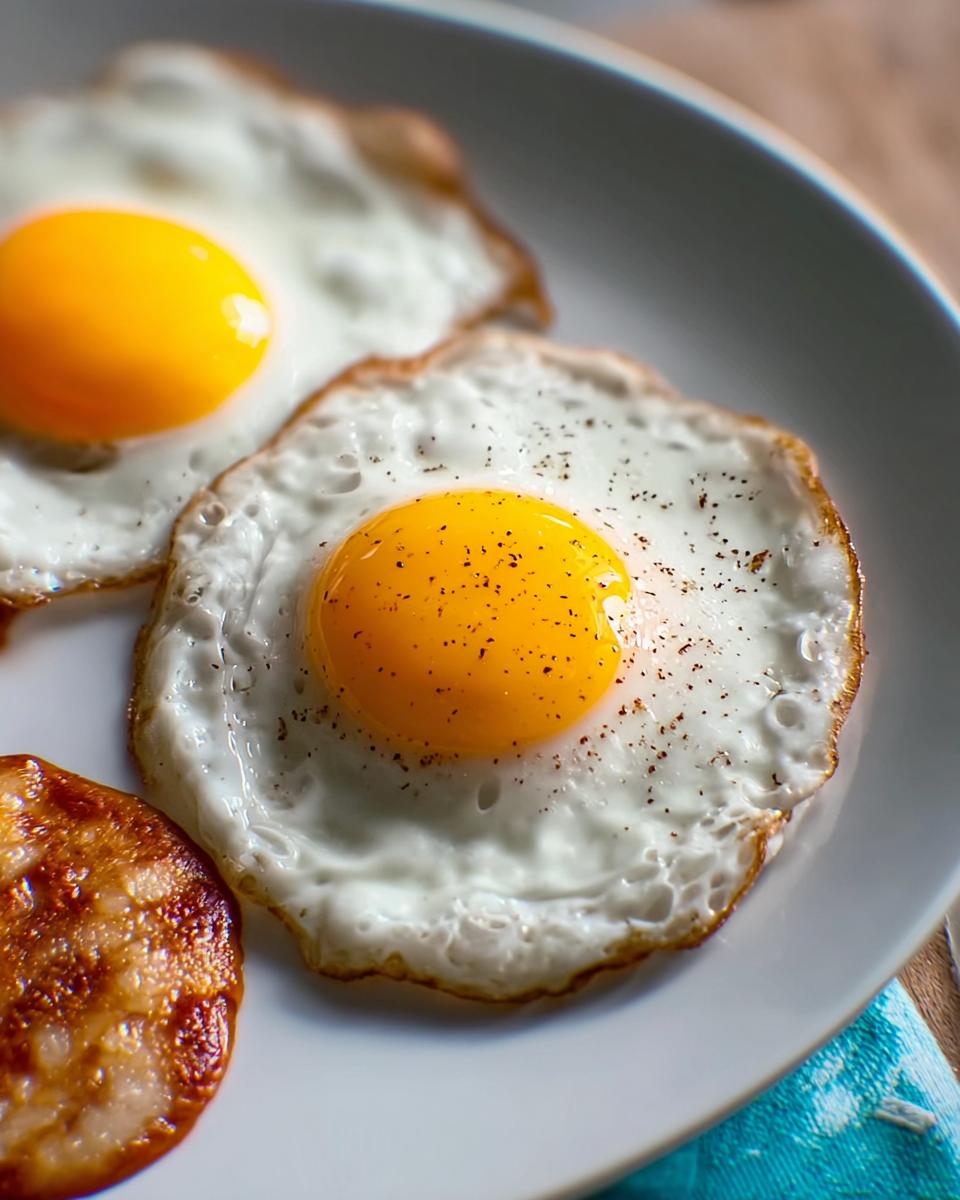 Close-up of two perfectly cooked sunny-side up eggs, seasoned with pepper, on a white plate.