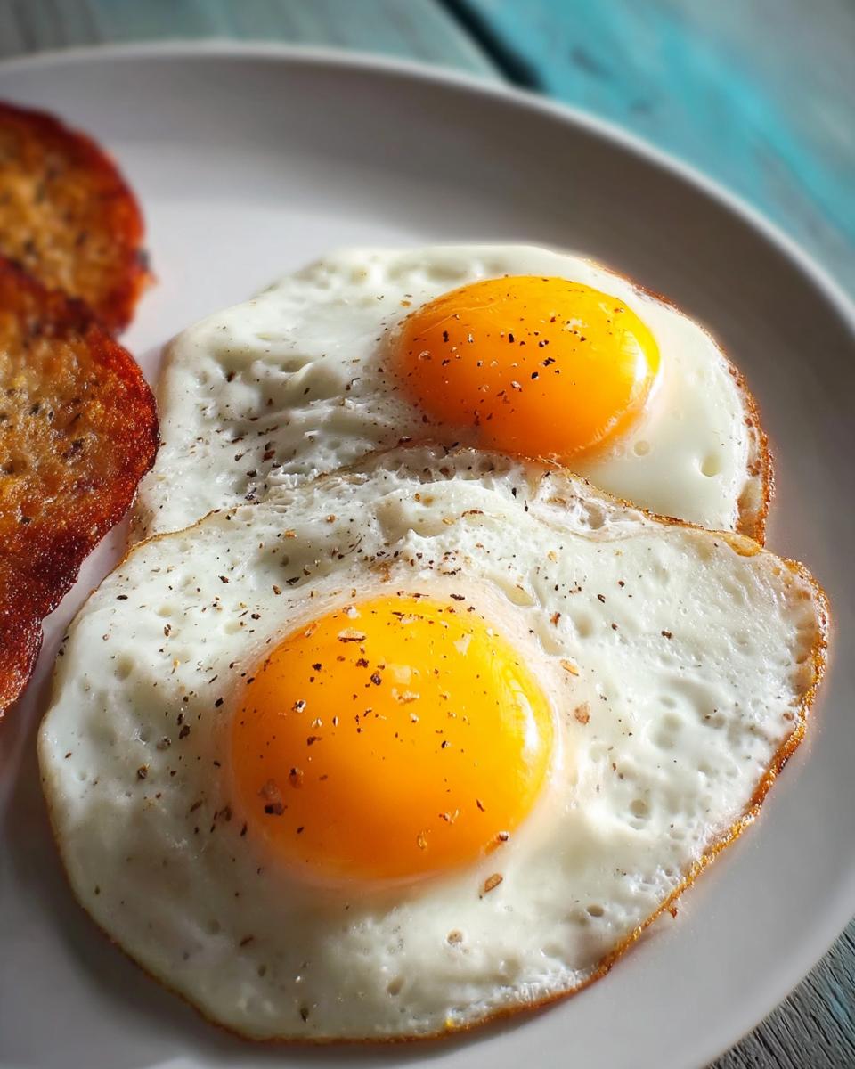 Two perfectly cooked sunny-side up eggs with bright yellow yolks, seasoned with black pepper, served with toast.