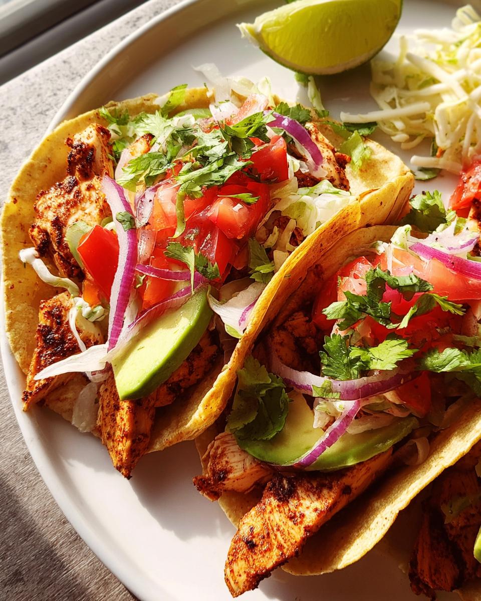 Close-up of flavorful chicken tacos for Taco Tuesday meal prep, filled with chicken, avocado, tomato, onion, and cilantro.