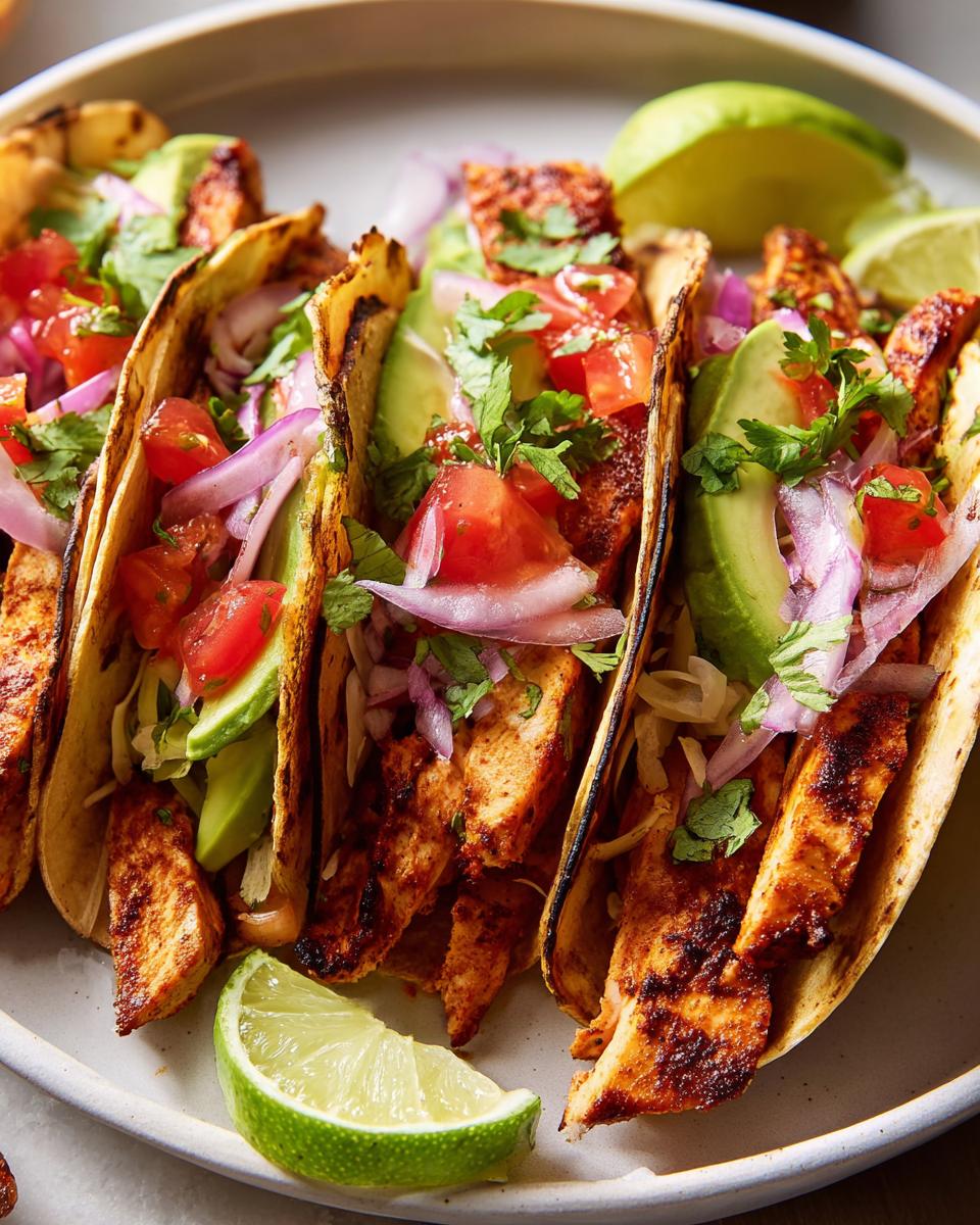 Close-up of three chicken tacos for Taco Tuesday Recipes Meal Prep, filled with seasoned chicken, avocado, tomatoes, red onion, and cilantro.
