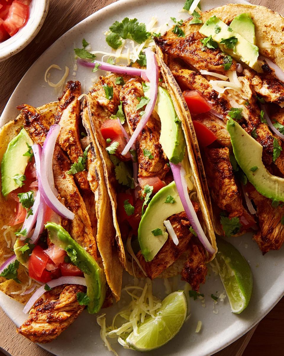 A plate of delicious chicken tacos, filled with seasoned chicken, avocado, tomato, red onion, and cilantro. Perfect for Taco Tuesday meal prep.