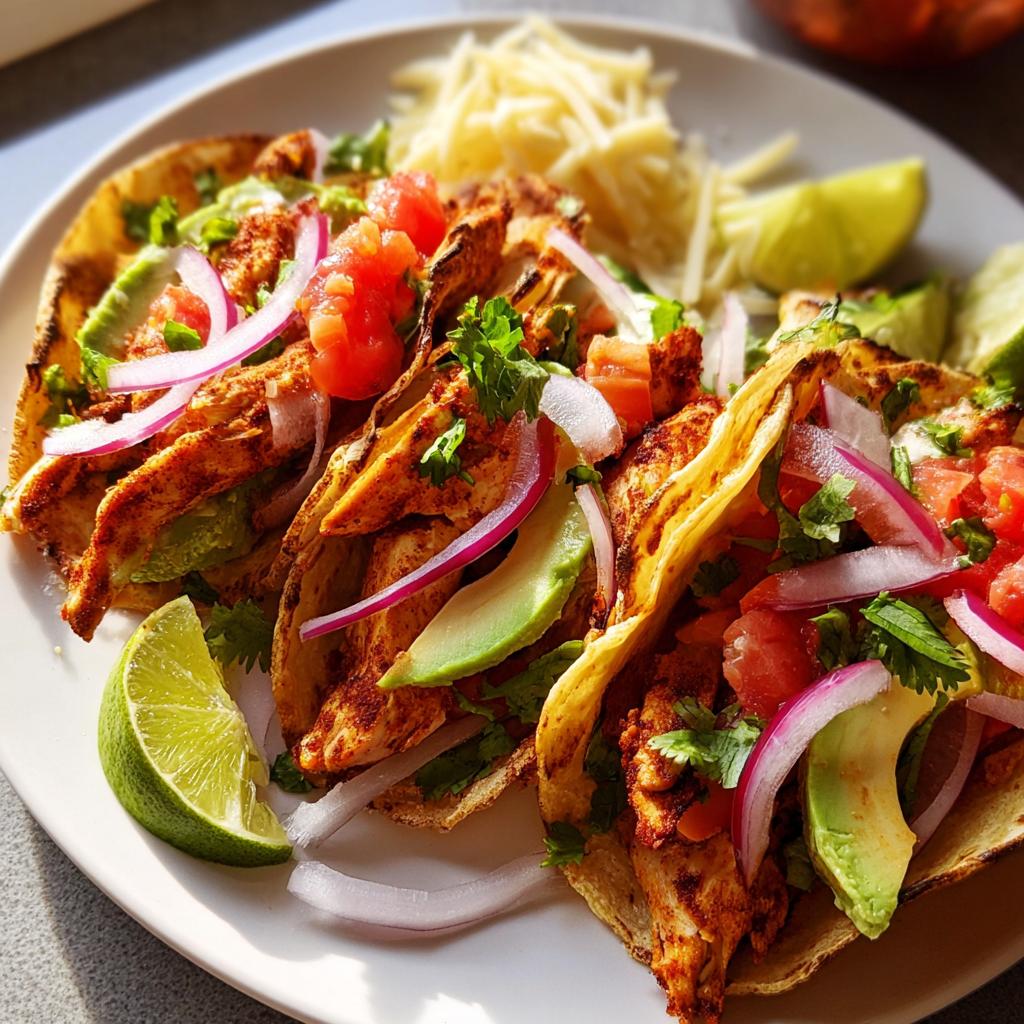 Three flavorful chicken tacos filled with shredded chicken, avocado, red onion, and tomato, perfect for Taco Tuesday Recipes Meal Prep.