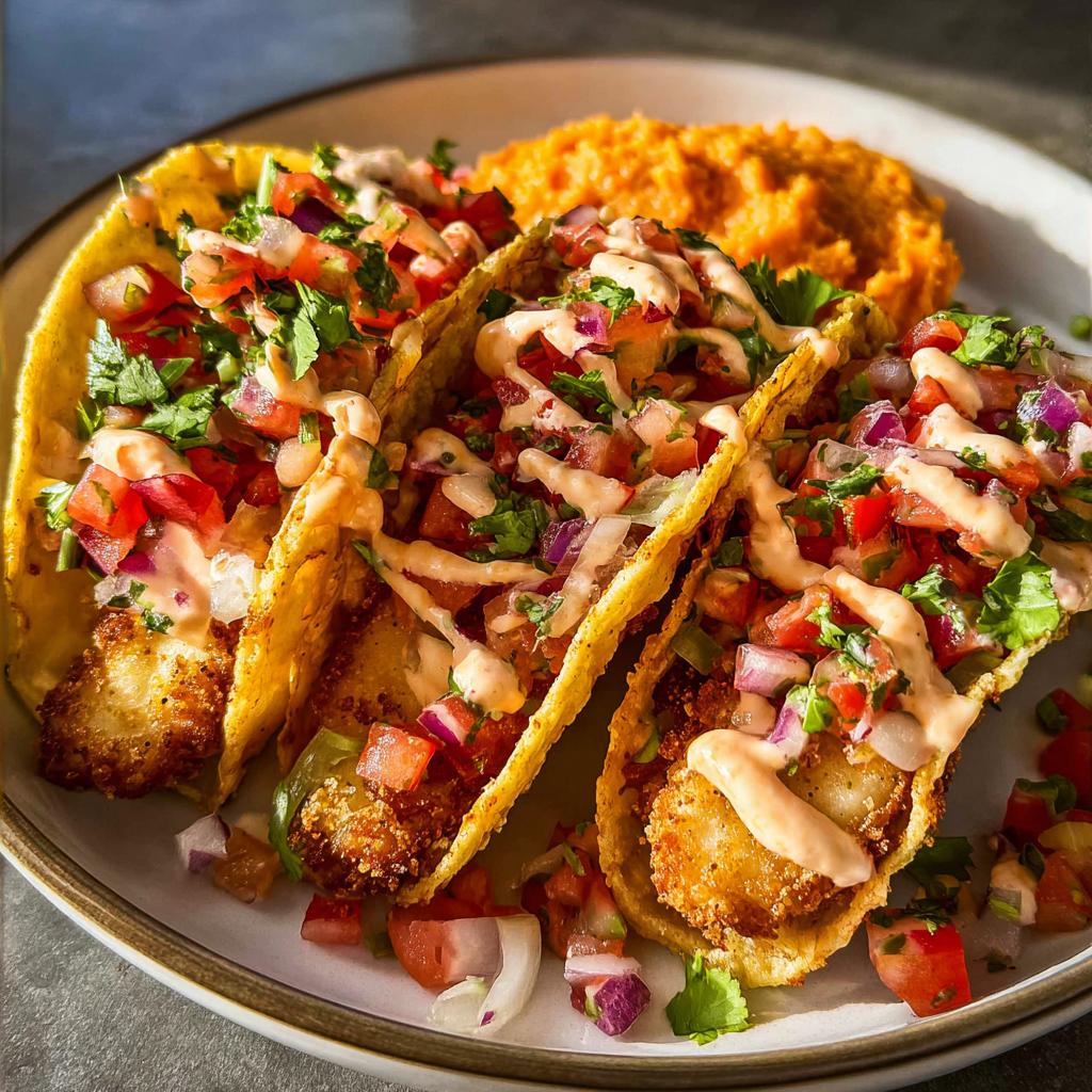 Three crispy fish tacos filled with fresh pico de gallo, cilantro, and a creamy sauce, served with mashed sweet potatoes. Perfect for Taco Tuesday recipes.