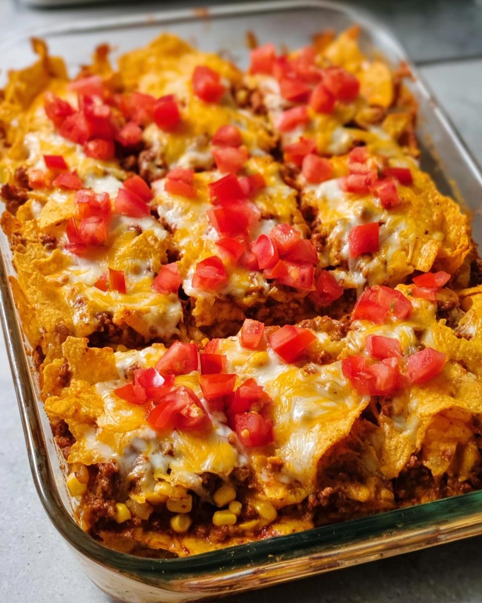 A close-up of a delicious Taco Tuesday recipe bake in a glass dish, topped with melted cheese and diced tomatoes.