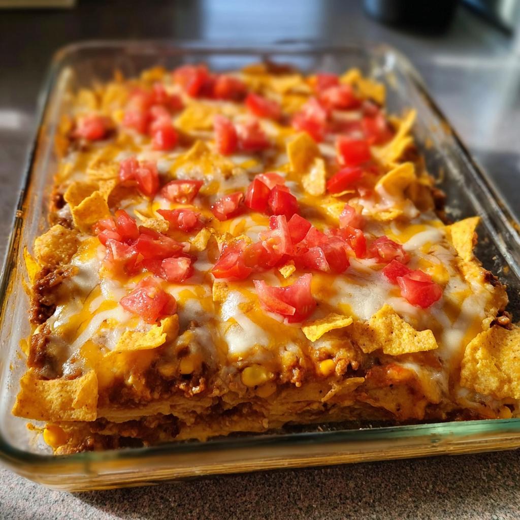 A close-up of a freshly baked Taco Tuesday recipe casserole, topped with melted cheese, crushed tortilla chips, and diced tomatoes.