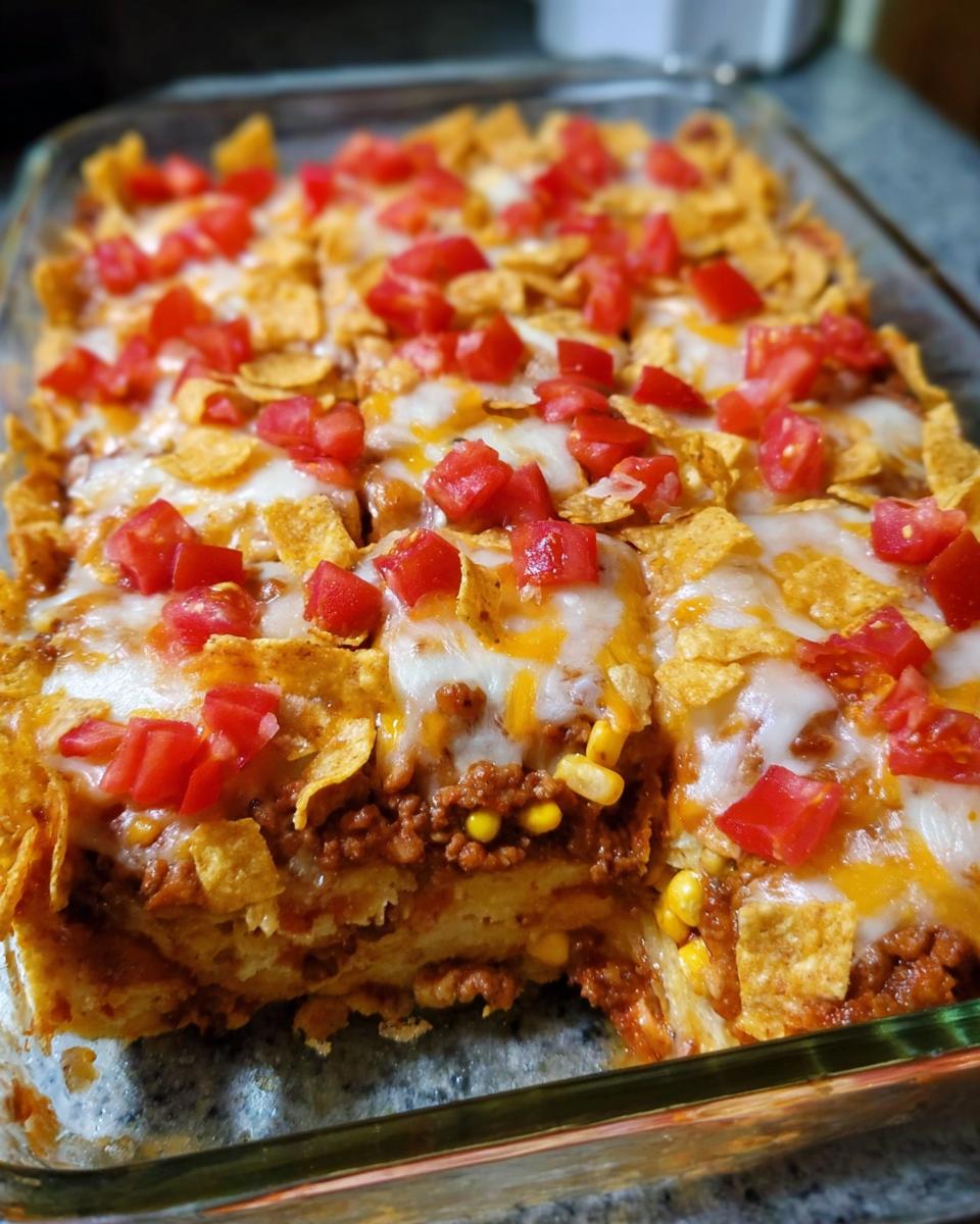 A delicious Taco Tuesday recipe casserole baked in a glass dish, topped with melted cheese, crushed tortilla chips, and diced tomatoes.