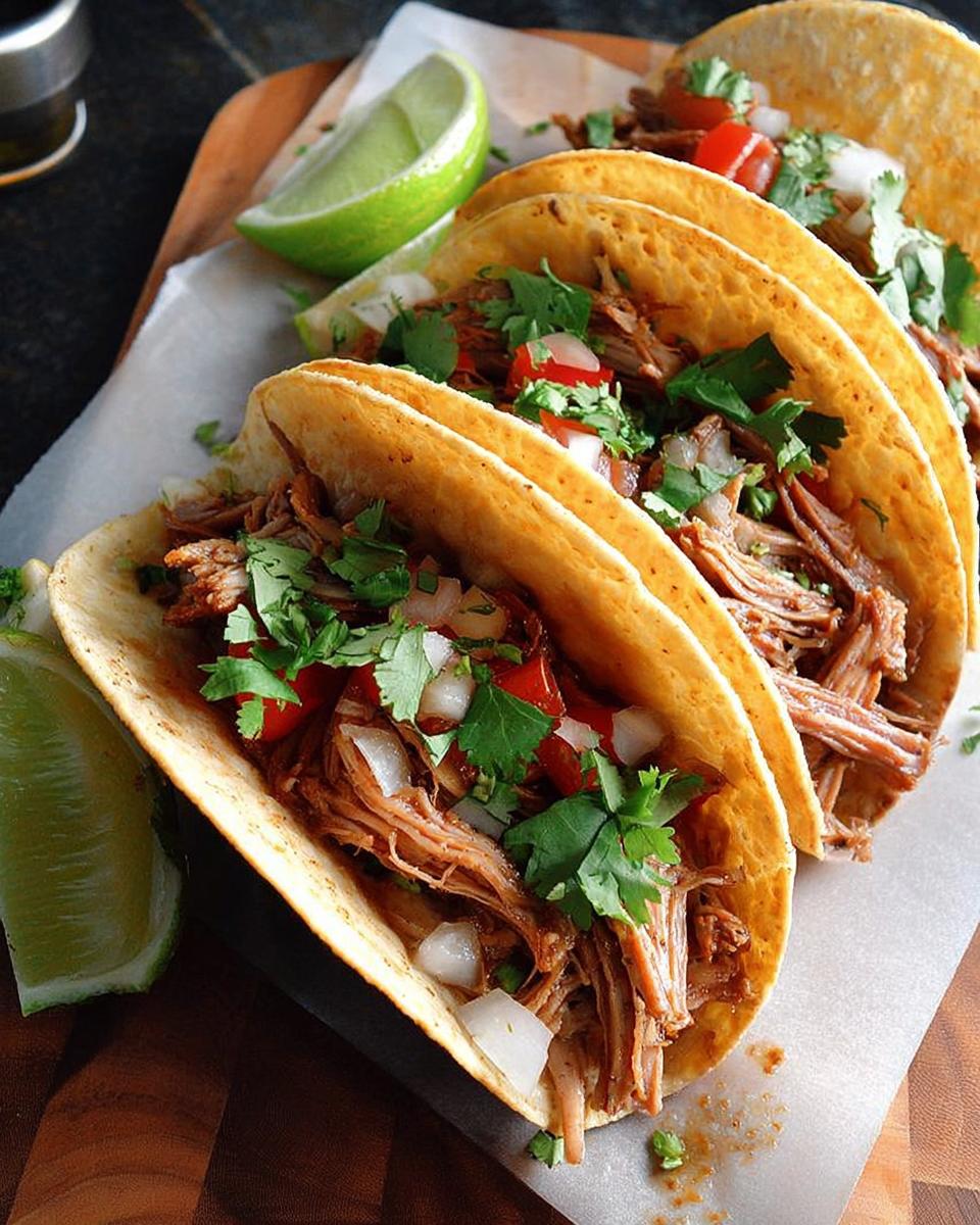 Close-up of three shredded meat tacos, topped with diced onions, tomatoes, cilantro, and lime wedges, perfect for Taco Tuesday Recipes.