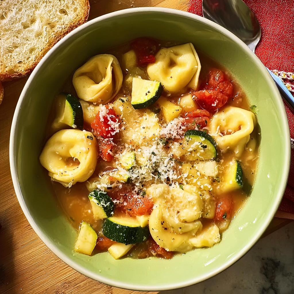 A bowl of tortellini soup with zucchini, tomatoes, and grated cheese, perfect for busy weeknights.
