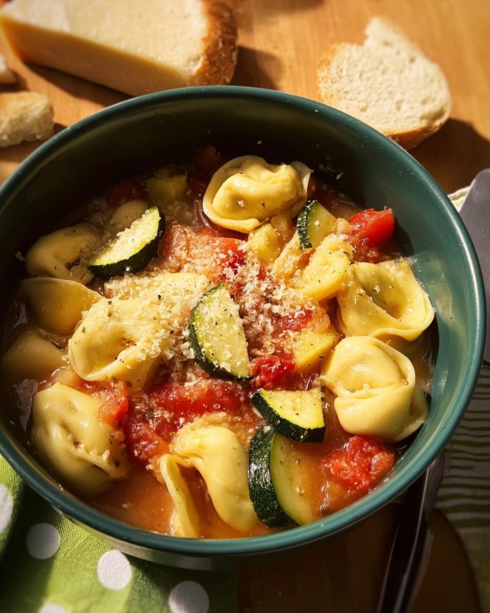 A close-up of a bowl of tortellini soup with zucchini, tomatoes, and grated cheese, perfect for busy weeknights.
