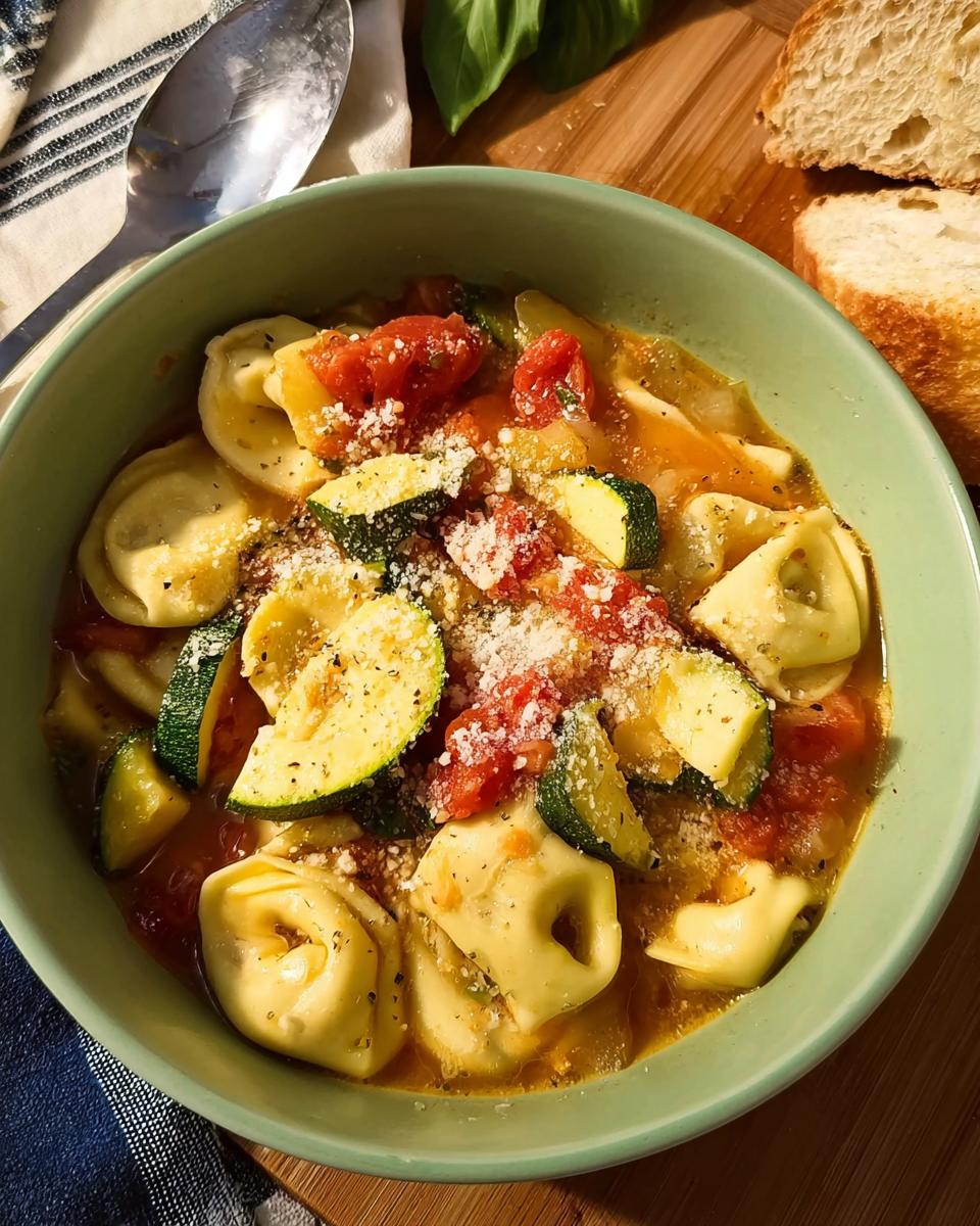 A bowl of tortellini soup with zucchini, tomatoes, and cheese, perfect for busy weeknights.