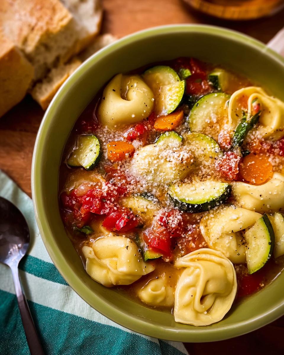 A bowl of tortellini soup with zucchini, carrots, tomatoes, and cheese, perfect for busy weeknights.