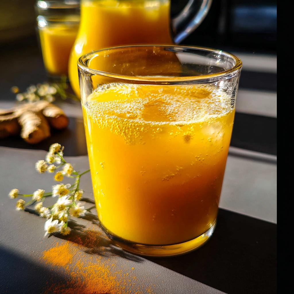 A refreshing glass of turmeric ginger drink with ice, garnished with small white flowers and a sprinkle of turmeric powder.