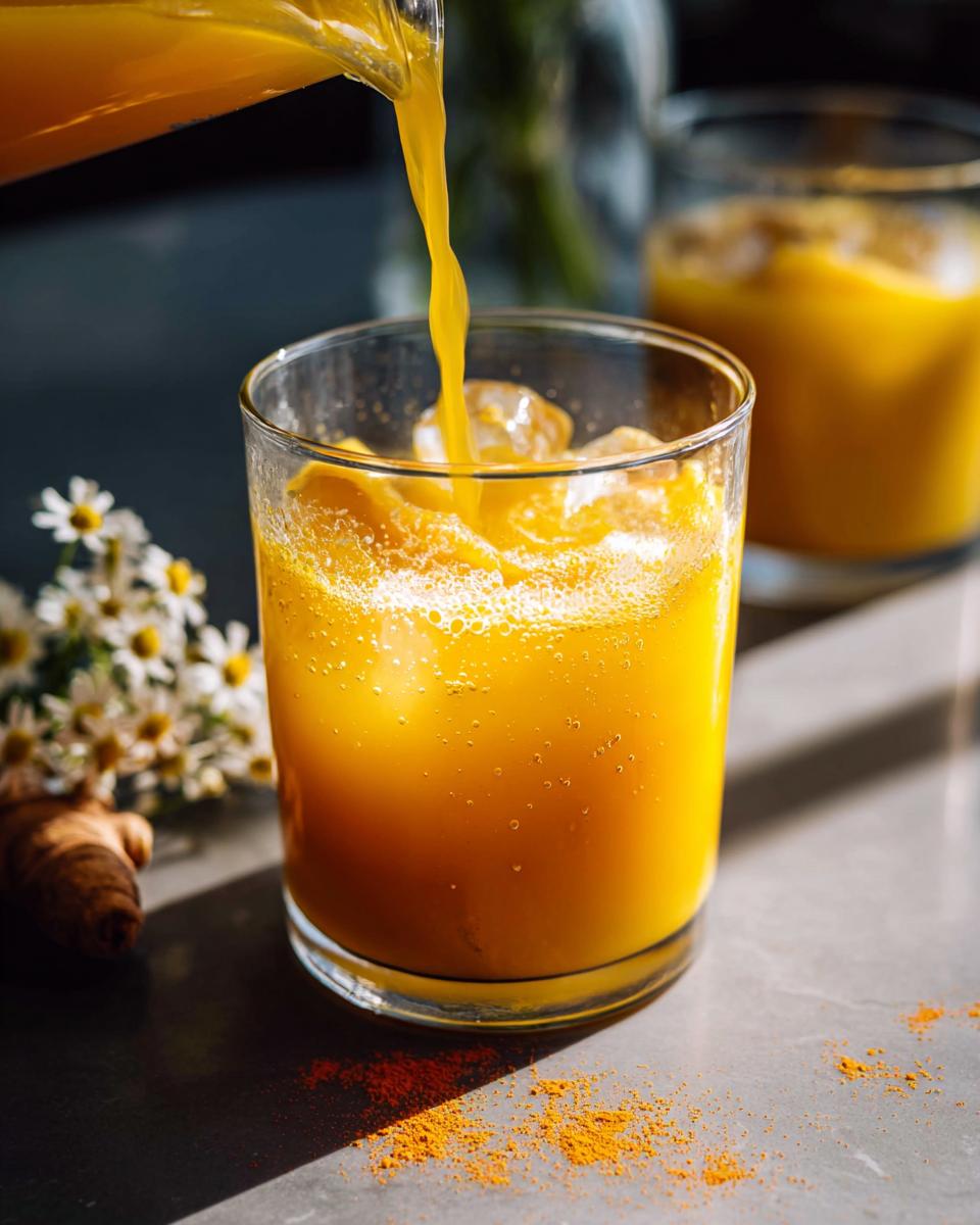 Pouring a vibrant orange turmeric ginger drink over ice, with turmeric powder and flowers nearby, for Restaurant-Style Healthy Meals Recipes at Home.