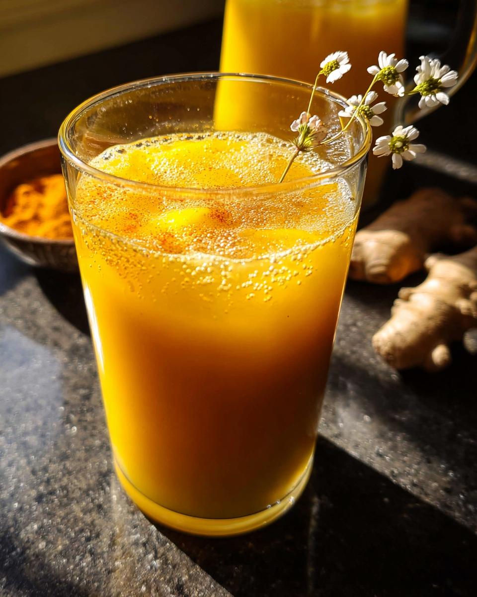 A vibrant golden turmeric ginger drink in a glass, garnished with small white flowers, perfect for Restaurant-Style Healthy Meals Recipes at Home.