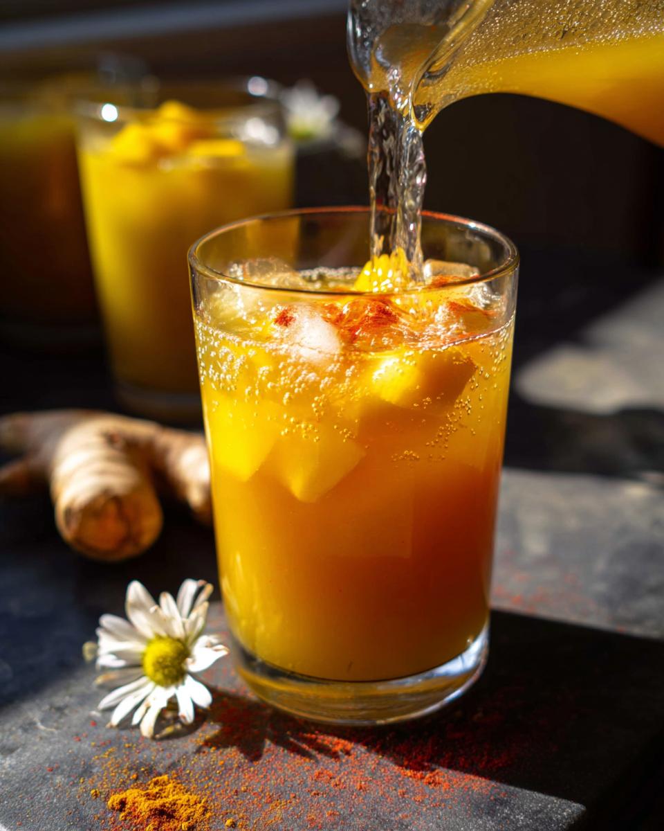 Pouring a sparkling turmeric ginger drink with ice and mango chunks into a glass. Part of Restaurant-Style Healthy Meals Recipes at Home (2025).