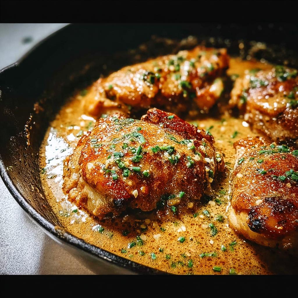 Close-up of juicy pan-seared chicken thighs in a rich sauce, garnished with chives. The Ultimate Chicken Thigh Recipes Guide for Beginners.