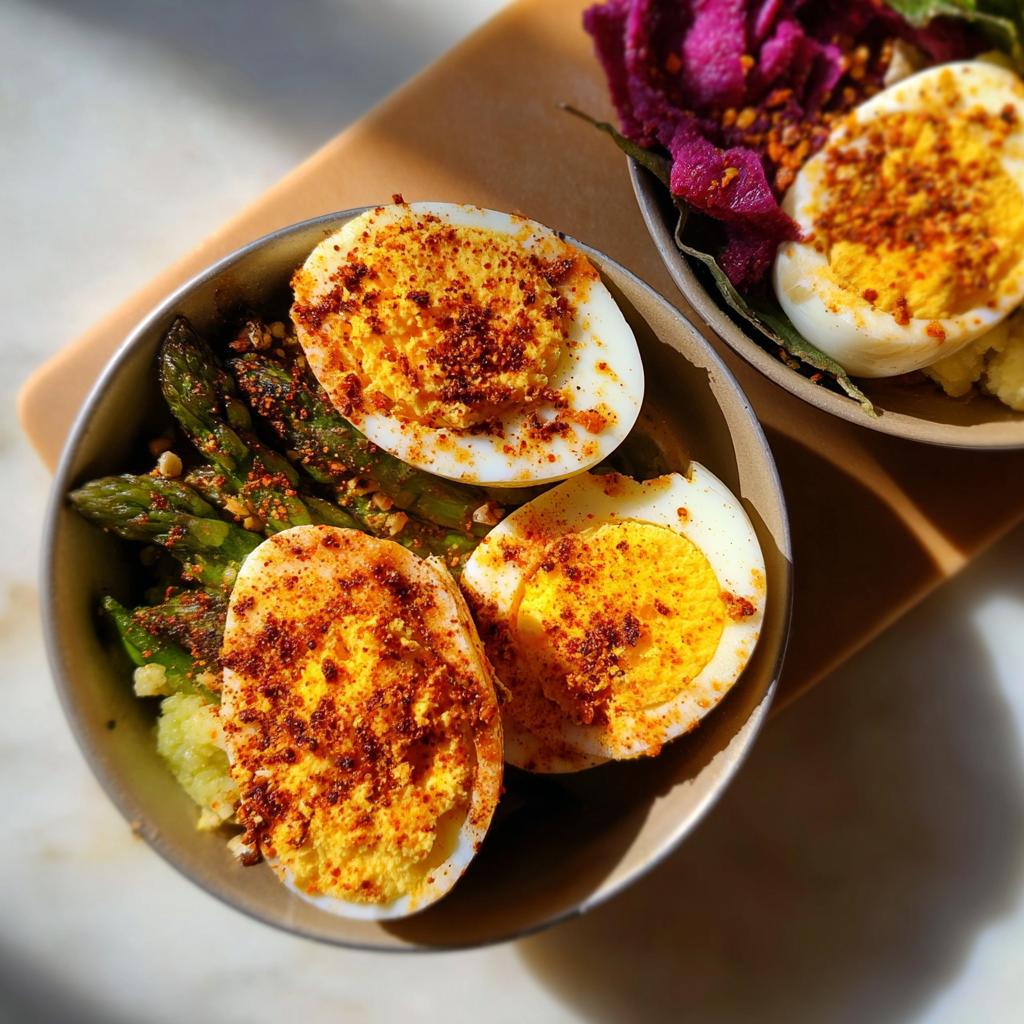 Two bowls of food, one with boiled eggs and asparagus, the other with boiled eggs and purple cabbage. The Ultimate Egg Recipes Guide for Beginners.